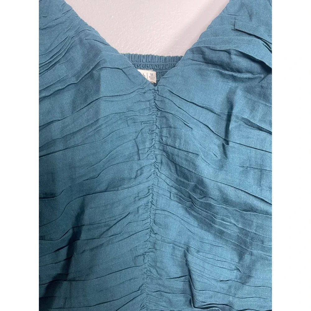 ABERCROMBIE & FITCH Ruched V-Neck Puff Sleeve Smocked Cotton Top Medium Teal NEW